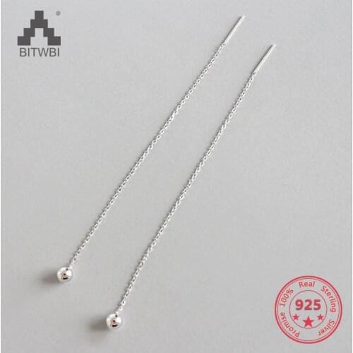925 Silver Chain with 4MM Ball Long Earrings for Women Silver Jewelry Simple Ear Wire Prevent allergy