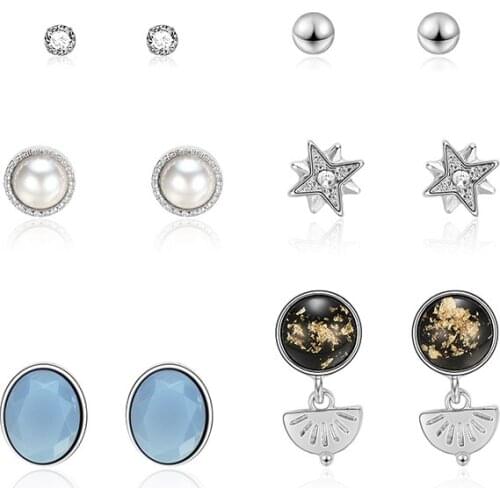 6 Pairs/Set Mix Design Ruond Shape Rhinestone Stud Earrings For Women Resin Copper Piercing Earrings Fashion Jewelry Brincos