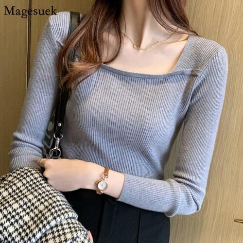 New Autumn Winter Knitted Sweater Women Long Sleeve Square Collar Jumper Sweaters For Women Solid Pullover Vintage Sweater 12121
