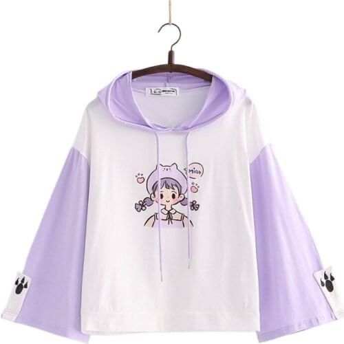 Cartoon Print Harakuju Hoodies Women 2021 Autumn Flare Sleeve Drawstring Cotton Hooded Sweatshirt Sweet Style Female Kawaii Tops