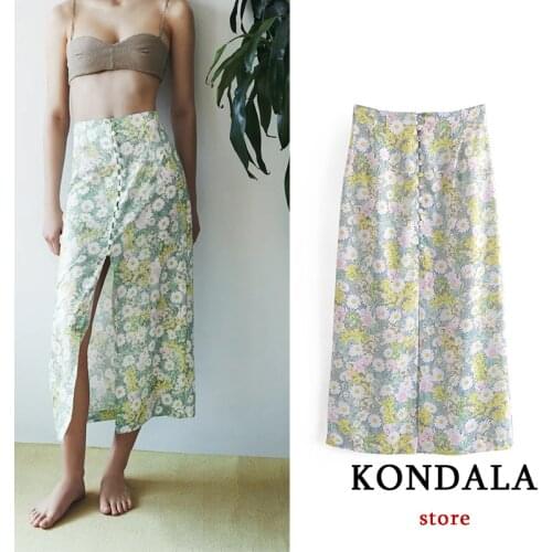 KONDALA Za Vintage Floral Print Long Skirts Women High Waist Front Split Button Straight Skirts Female Beach Summer Faldas Mujer