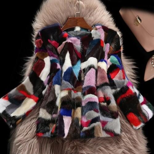 Genuine real natural mink fur coat womens fashion multi-color colorfull jacket outwear warm winter 60CM length full sleeve