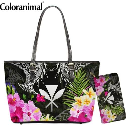 Coloranimal 2021 Hot Style Large Capacity Tote Handbag Set Hawaii Polynesian Shark Tropical Hibiscus Prints Women Shoulder Bag