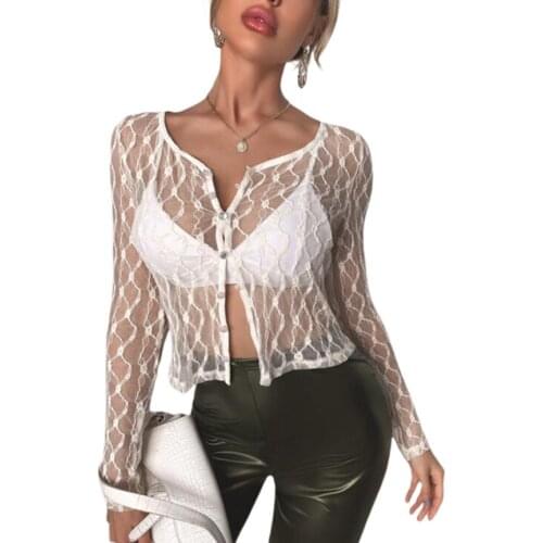 Women Sexy Lace Tops Adults See-through Long Sleeve Round Neck Button Down Cardigan