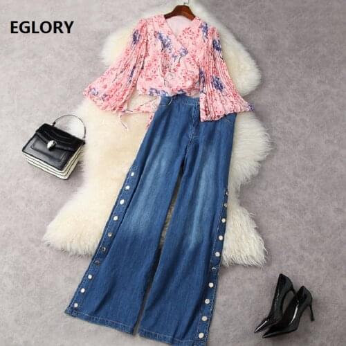 High Quality Womens Set 2021 Spring Summer Fashion Pant Suits Women V-Neck Floral Print Pink Tops Blouse+Wide Leg Denim Pants