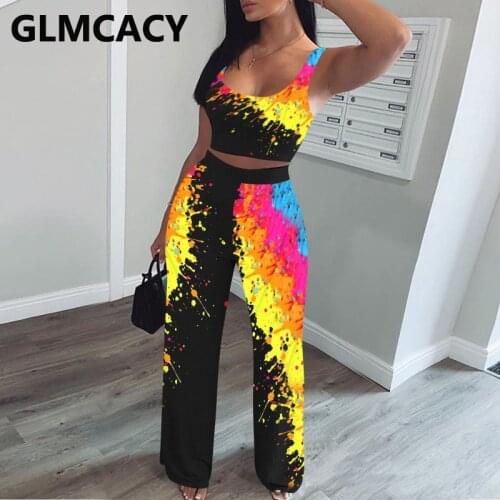 Women Sleeveless Crop Top and Loose Pants Set Painting Printed Chic Suits