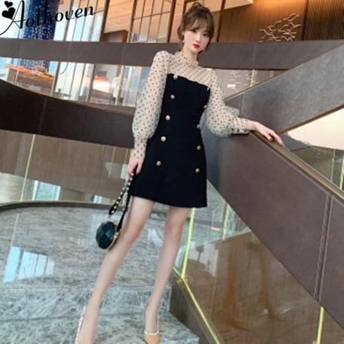 Autumn Mesh Patchwork A Line Dresses Dot Long Lantern Sleeve Women Dress Office Bandage Vintage Sexy Party Dress Vestidos