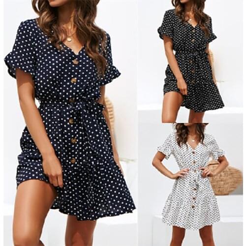 New Fashion Women Polka Dot Dresses Mommy Ladies V-Neck Dress Summer Chiffon Casual Costumes Female Beach Ruffles Cute Clothes