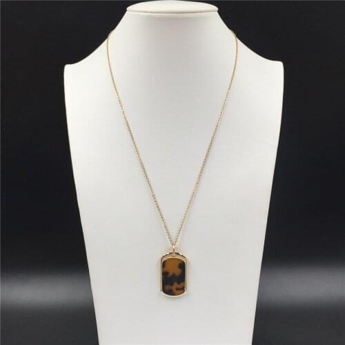 New Vintage Gold Color Plating Marble Brown Leopard Spot Printed Square Pendant Necklace For Women Girl Gorgeous Casual Jewelry