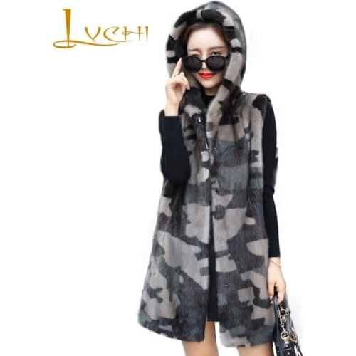 LVCHI Women Winter Camouflage mink fur coat medium Sleeveless real fur mink waistcoat fashion with hat vest 2019 new