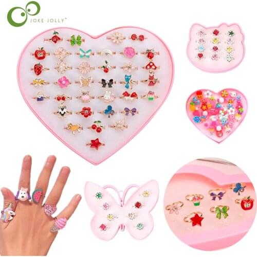 10/20/36 pcs Cute Adjustable Rings Children Girls Pretend Play Makeup Toys Cartoon Crystal Jewelry Alloy Animal Enamel Ring YJN