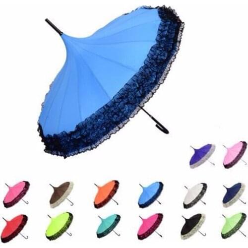 10pcs 14 Colors Pagoda Umbrella Long-handle Lace Golf Fancy Sunny and Rainy Umbrellas Lady Parasols