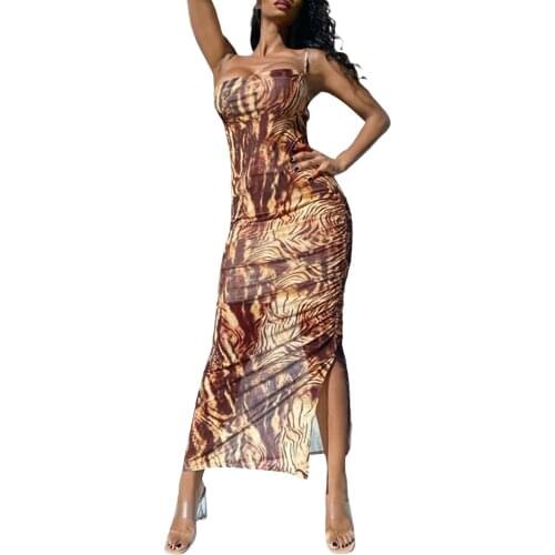 2021 Summer New Arrival Womens Sexy Bodycon Maxi Dress Spaghetti Strap V-neck Animal Print Leopard Party Dresses for Woman