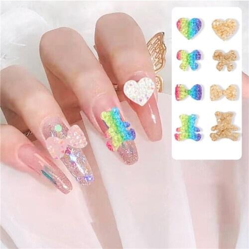 4pcs Mixed Nail Art Decoration Bear Heart Bow Design Nail Ornament Soft Rubber Rainbow Solid Color Nail Accessories Nail Art Too