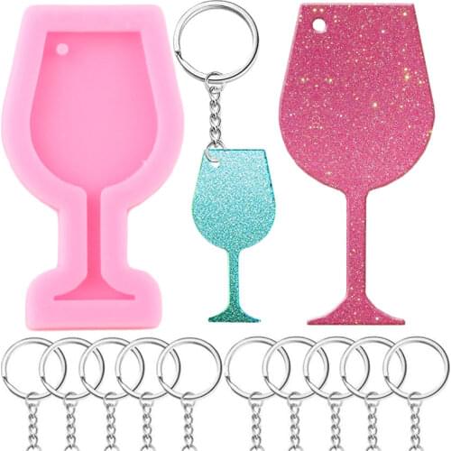 Shiny Glossy Wine Glass Keychains Mold Cup Epoxy Resin Silicone Mould With 10 Pcs Key Rings DIY Craft Necklace Making Jewelry