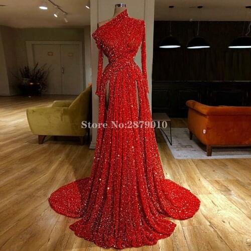 Sparkly Red A-Line Evening Dress Floor-Length Sequins Prom Dress Slit Robe De Soiree Aibye Vestido de festa Middle East Dubai