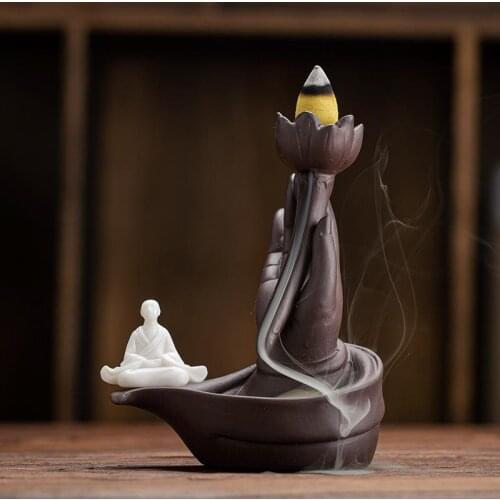 Purple Clay Ceramics Buddha Backflow Incense Burner With 20 Pcs Cones Smoke Waterfall Incense Sticks Holder Desktop Ornaments