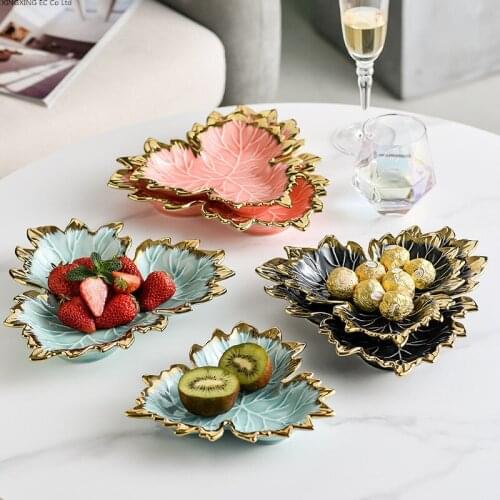 Ceramic Fruit Plate Household Snack Dishes Cake Stand Candy Nut Plate Creative Gold Rim Leaf Shape Decorative Storage Tray