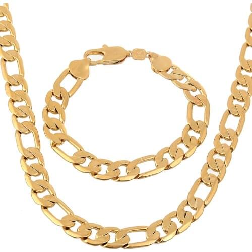 Heavy Figaro Jewelry Set Yellow Gold Filled Mens Necklace+Bracelet Set