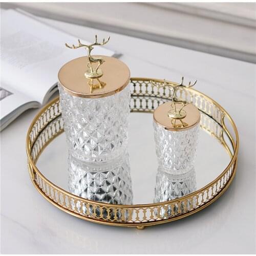 Round Gold Plated Iron Glass Mirror Tray In Small Large Sizes European Modern Home Tabletop Decor Octagon Hollow Storage Holder