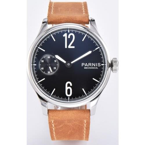 Parnis 44mm Mechanical Mens Watch ST3600 Hand Winding Movement Leather Band Round Case Male Wristwatch