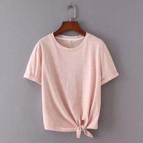 Fashion Women Knotted hem knitting T-shirt Summer style Casual Short sleeve O-Neck Solid color Tops Femme Tee Shirt T712
