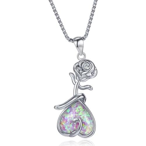 Charm Female Rose Flower Chain Necklace Cute Pink Opal Heart Pendant Necklace Dainty Silver Color Wedding Necklaces For Women