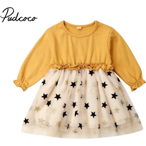 Pudcoco 2019 Autumn Girl Dress Cotton Long Sleeve Children Dresses Star Kids Dresses for Girls Fashion Girls Clothing