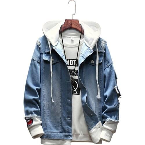Autumn Mens Patchwork Denim Jacket Casual Fashion Bomber Thin Retro Denim Jacket Male Cowboy Jeans Hip Hop Streetwear Hole-Coat