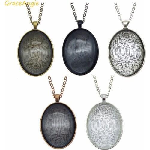 GraceAngie 5sets Oval Zinc Alloy Necklace charm Tray Bezel Pendant Base with Glass + Chain color Mixed Jewelry Making Accessory