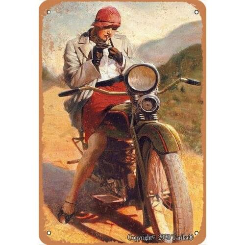 Sexy Lady Smoking On The Motorcycle 20X30 cm Vintage Look Iron Decoration Crafts Sign for Home Kitchen Bathroom Farm
