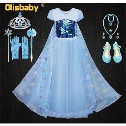 Boutique Girls Elsa Dress Up Fancy Kids Light Blue Sequins Dress Party Halloween Snow Queen Princess ElzaCosplay Costume