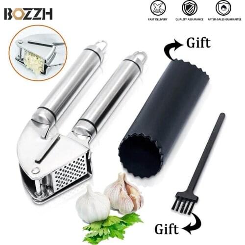 BOZZH Garlic Press Stainless Steel Manual Garlic Mincer Chopping Garlic Hand Press Garlic Silicone Tube Roller & Brush