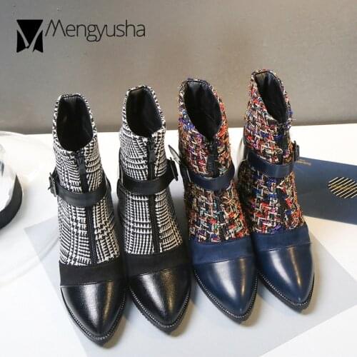 Glitter tweed high heels ankle boots women leather pointed toe plaid short botas buckle belt front zipper winter boots womenc755