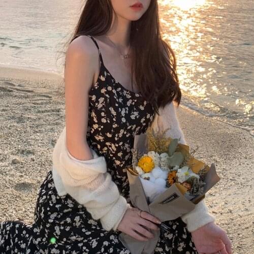 Vintage Midi Strap Dress Women Sexy Beach Elegant Floral Dress Female Evening Party Design One Piece Dress Korean 2021 Summer