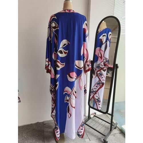 Style Summer Loose Runway Fashion Batwing Sleeve XXL Blue Red Flower Print Long Party Holiday Dress