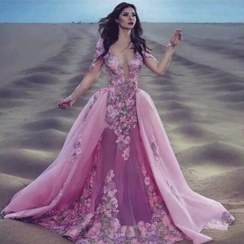 SuperKimJo Vestidos De Gala Pink Prom Dresses with Detachable Skirt Elegant Embrodiery Applique Prom Gown Robe De Soiree