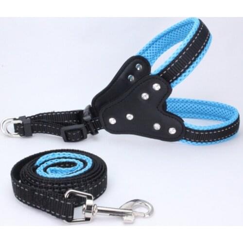 35~70cm Nylon Mesh Rhinestone Pet Puppy Dog Reflective Collar Harness with Traction Rope Set 6 Sizes Dog Supplies