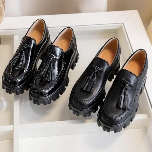 CIALISA Women ShoeS Leather Thick-soles Ladies Spring Autumn New Black Leather Shoes Patent Leather Loafers Women Shoes