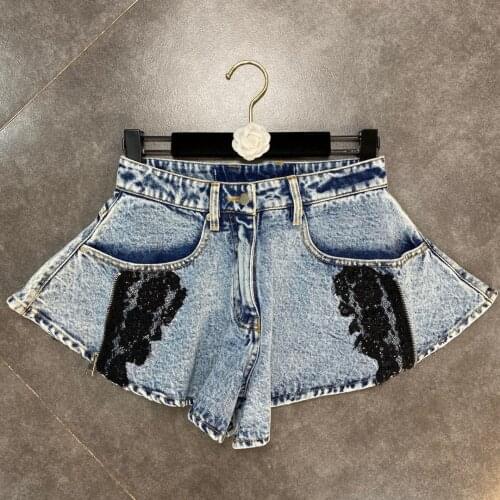 ZCSMLL 2021 summer split lace vintage women shorts crochet beaded zipper ins ruffled fluffy snowflake denim women shorts