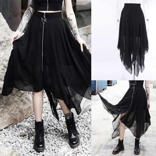 Women Gothic Black Asymmetrical Irregular Mesh Midi Long Skirt Punk Style High Waist Star Zipper Summer Harajuku Vintage Party C