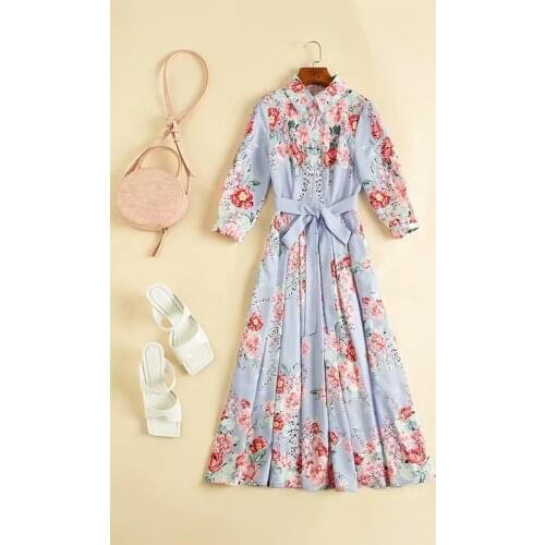 Womens European and American clothing 2021 winter new style Seven-point sleeve lapel lace-up fashion flower-printed dress
