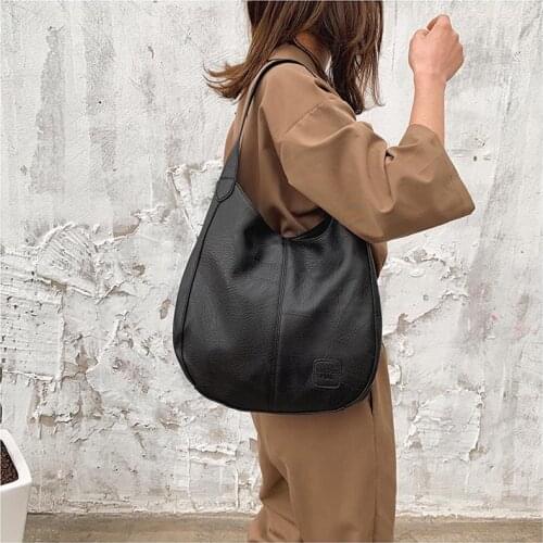 USOUL 2020 New Vintage Handbags Women Black Brown PU Leather Bucket Bag Shoulder Bags Female Concise Soft Leather Hobos Mujer