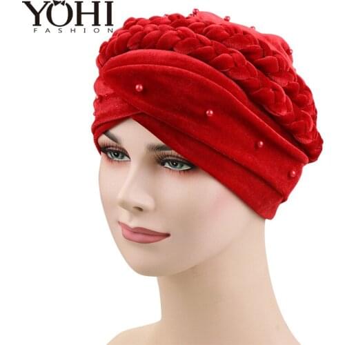 New Hot selling Women Velvet braid bead Bandanas Headwear Cap Muslim Turban Hair Accessories Fashion Ladies Chemo Cap