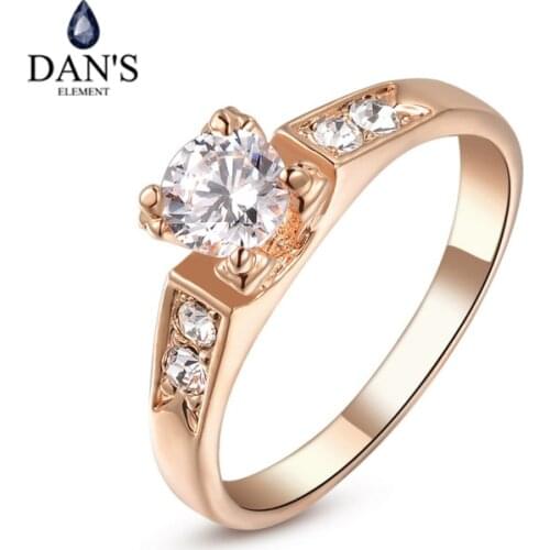 DANS ELEMENT Classical Prong Setting Zirconia Austrian Crystal Copper Gold Color Rings for Women Anti Allergies #RG93663