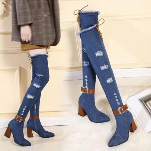 Womens Sexy Over-the-knee Boots Stretch Denim High Heel Boots Long-legged Cuties High Boots