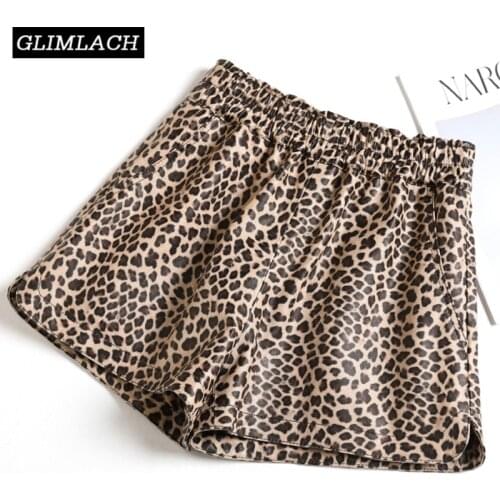 2021 New Genuine Leather Leopard Print Shorts Women Elastic Waist 100% Sheepskin Real Leather Shorts Lady Casual Feminino Mujer