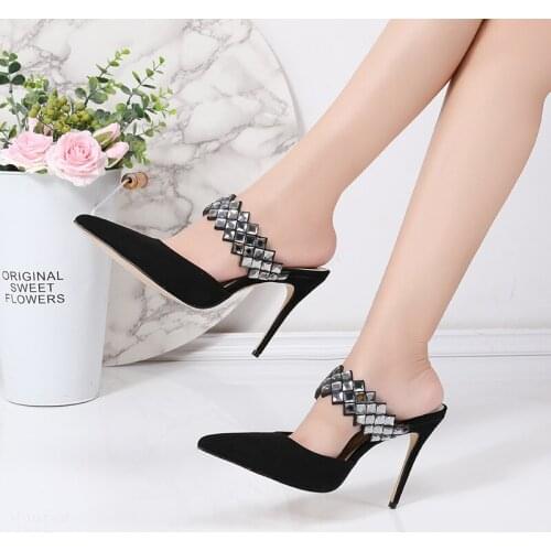 Summer new style fashion women sandals black suede crystal Rhinestone Point toe strappy high heels SLIPPERS loafer Slide