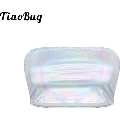 TiaoBug Women Shiny Metallic Strapless Dance Tube Tops No-Padded Bra Bandeau Sexy Crop Tops Club Party Stage Pole Dance Costume