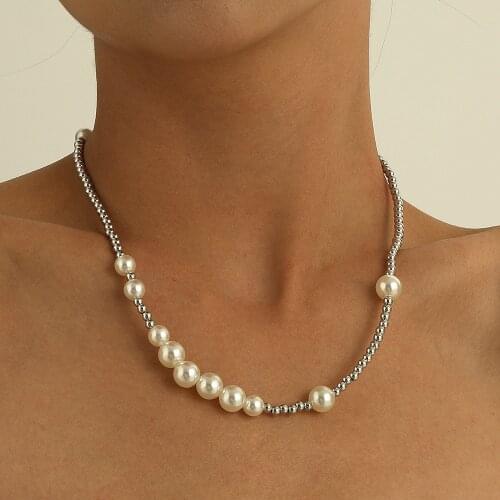 Fashion Silver Color for Women Simple Personality Asymmetric Geometric Round Beads Pearl Clavicle Choker Necklace Collar Jewelry
